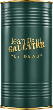 Jean Paul Gaultier Le Beau EDT: ciemnozielona beczka z poziomymi prążkami i złotymi napisami, widok z przodu.