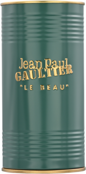 Jean Paul Gaultier Le Beau męska woda toaletowa. Zielona, ryflowana puszka z logo i rantami w złotym kolorze.