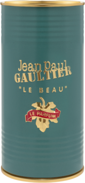 Puszka Jean Paul Gaultier Le Beau Le Parfum tealowo-złota, z liściem i czerwoną wstążką "Le Parfum", widok przód.