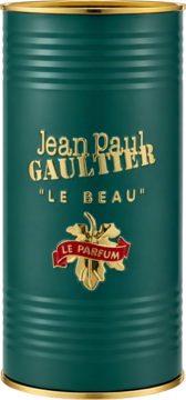 Frontalny widok ciemnozielonej, żebrowanej puszki Jean Paul Gaultier Le Beau Le Parfum ze złotymi detalami.