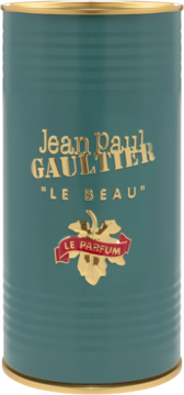 Jean Paul Gaultier Le Beau Le Parfum męski, zielono-złota cylindryczna puszka z napisem i liściem, z przodu.