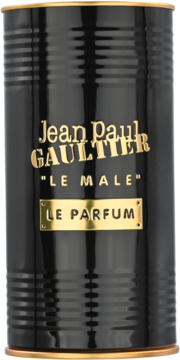 Cylindryczny flakon perfum Jean Paul Gaultier Le Male Le Parfum, czarny z poziomymi rowkami i złotymi napisami.