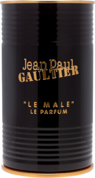 Czarna, ryflowana butelka Jean Paul Gaultier Le Male Le Parfum ze złotym napisem, widok z przodu.