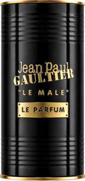 Czarny, żebrowany flakon wody perfumowanej Jean Paul Gaultier Le Male Le Parfum dla mężczyzn, ze złotymi napisami, widok z przodu.