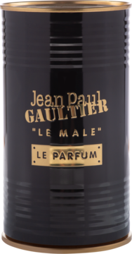 Czarna, prążkowana puszka Jean Paul Gaultier Le Male Le Parfum ze złotym napisem, męskie perfumy, widok z przodu.