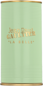 Jasnozielona puszka perfum Jean Paul Gaultier La Belle z orientalnym zapachem, złote napisy i obramowania, widok z przodu.
