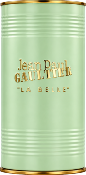 Jasnozielona, metalowa puszka perfum Jean Paul Gaultier La Belle z reliefowymi paskami i złotymi napisami, widok z przodu.
