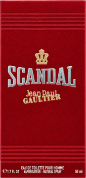 Czerwone, teksturowane pudełko Jean Paul Gaultier Scandal Pour Homme woda toaletowa 50ml, srebrne logo, złota korona.