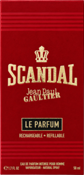 Czerwone opakowanie Jean Paul Gaultier Scandal Le Parfum 50ml dla mężczyzn, złota korona, napis 'Rechargeable'.