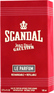 Czerwone, prostokątne pudełko Jean Paul Gaultier Scandal Le Parfum dla mężczyzn, z koroną i napisem LE PARFUM.