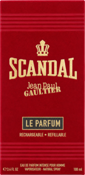 Czerwony kartonik perfum Jean Paul Gaultier Scandal Le Parfum Homme 100ml, z informacją o uzupełnianiu, widok z przodu.