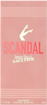 Jean Paul Gaultier Scandal, różowe pudełko perfum damskich EDP, widok z przodu, z logo nóg i napisem SCANDAL.