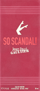 Ciemnoróżowe opakowanie Jean Paul Gaultier So Scandal! Eau de Parfum 50ml, z białym logo nóg i napisem.