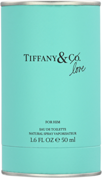 Cylindryczny turkusowy kartonik Tiffany & Co. Love For Him, woda toaletowa, widok z przodu, z białym napisem.
