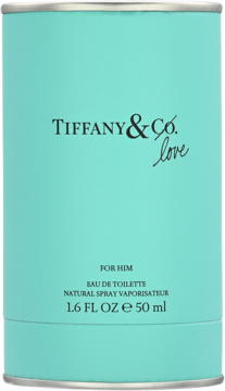 Tiffany & Co. Love for Him, męska woda toaletowa 50 ml, w cylindrycznym opakowaniu Tiffany Blue, widok z przodu.