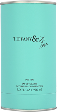 Tiffany & Co. Love for Him woda toaletowa, turkusowe cylindryczne pudełko, widok z przodu, z srebrną obwódką.