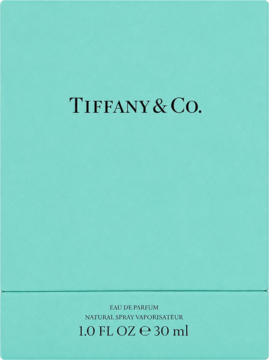 Eleganckie, błękitne pudełko perfum Tiffany & Co. Eau de Parfum 30ml, widok z przodu, białe napisy.