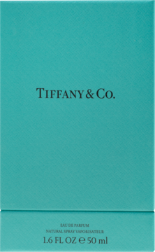 Turkusowe pudełko perfum Tiffany & Co. Eau de Parfum 50ml, widok z przodu z białym napisem.