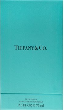 Pudełko damskiej wody perfumowanej Tiffany & Co. w kolorze Tiffany Blue, widok z przodu. Napisy: Eau de Parfum, 75 ml.