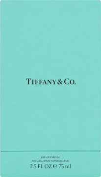Opakowanie damskiej wody perfumowanej Tiffany & Co. 75 ml, w kultowym błękitnym kolorze, z logo, widok z przodu.