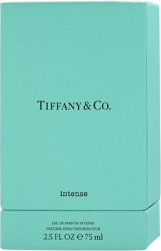 Pudełko wody perfumowanej Tiffany & Co. Intense 75ml, tealowe, z widocznym napisem EAU DE PARFUM INTENSE.