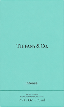 Turkusowe opakowanie perfum Tiffany & Co. Intense, 75 ml, z czarnym napisem, widok z przodu.