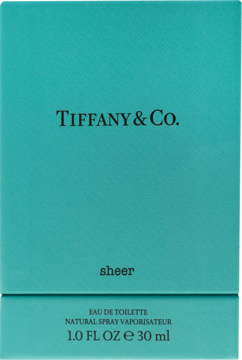 Tiffany & Co. Sheer woda toaletowa 30 ml, turkusowe pudełko z logo i nazwą, widok z przodu.