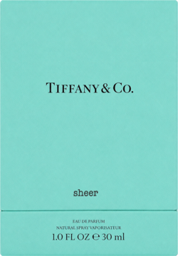 Opakowanie Tiffany & Co. Sheer Eau de Parfum 30ml, jasnoniebieskie pudełko z czarnymi napisami, widok z przodu.