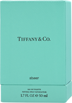 Front view of Tiffany & Co. Sheer Eau de Toilette in a light blue box with brand logo and '50 ml' text.