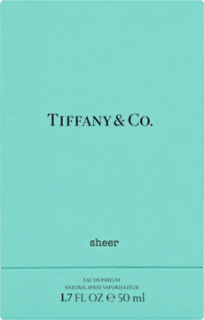 Tiffany & Co. Sheer woda perfumowana 50 ml, front błękitnego pudełka z logo i napisem 'sheer'.