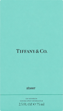 Front prostokątnego opakowania perfum Tiffany & Co. Sheer EDP 75ml, w charakterystycznym błękicie Tiffany, z ciemnym napisem.