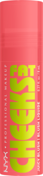 NYX Fat Cheeks Juicy Blush w koralowej tubce z limonkowym napisem. Płynny róż Fig Fizz, widok z przodu.