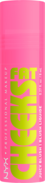 Płynny róż NYX Fat Cheeks Juicy Blush, jasnoróżowa tubka z dużym neonowym zielonym napisem, 8 ml.