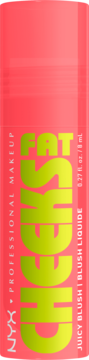 NYX Fat Cheeks Juicy Blush w koralowo-różowej tubce, pionowe zielono-żółte logo "FAT CHEEKS", widok z przodu.