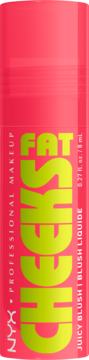 NYX Fat Cheeks Juicy Blush, pionowa neonoworóżowa tuba z zielonym napisem FAT CHEEKS, widok z przodu.