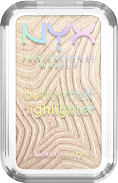 Rozświetlacz NYX Buttermelt Bright & Butta, prasowany, jasny beż z perłowym połyskiem, falisty wzór, widok z góry.
