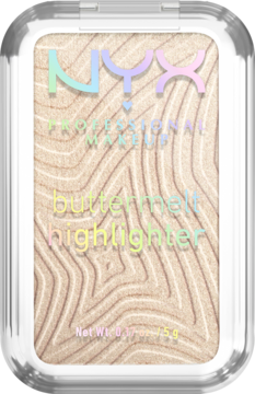 Rozświetlacz NYX Buttermelt Bright & Butta, prasowany, jasny beż z perłowym połyskiem, falisty wzór, widok z góry.