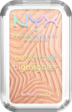 NYX Buttermelt rozświetlacz Glaze It Butta, złoto-brzoskwiniowy puder z falistą teksturą w prostokątnej puderniczce.