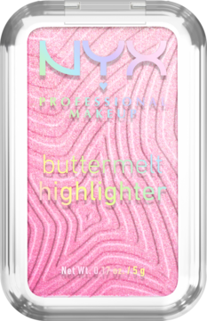 NYX Buttermelt rozświetlacz w różowym kompakcie z falistym wzorem i holograficznym logo. Widok z przodu.
