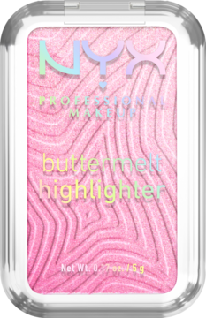 NYX Buttermelt rozświetlacz w różowym kompakcie z falistym wzorem i holograficznym logo. Widok z przodu.
