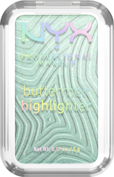 NYX Buttermelt rozświetlacz Butta Mint w przeźroczystym opakowaniu, z miętową, falistą teksturą.