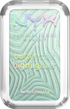 NYX Buttermelt rozświetlacz Butta Mint w przeźroczystym opakowaniu, z miętową, falistą teksturą.