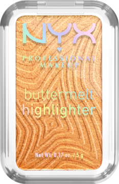 Rozświetlacz NYX Buttermelt Butta Bling, złoty, w kompakcie z holograficznym logo i falistą teksturą. Widok z przodu.
