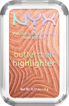 NYX Buttermelt highlighter Butta in Bronze w przezroczystym kompakcie. Pomarańczowo-brązowy, perłowy, falisty wzór.