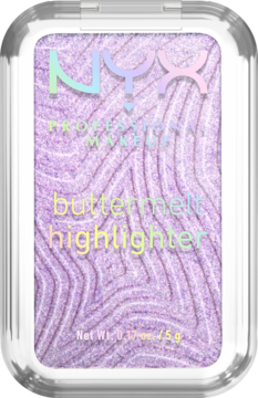 NYX Buttermelt rozświetlacz No 1 Butta. Fioletowy, iryzujący rozświetlacz w przezroczystym, prostokątnym opakowaniu.