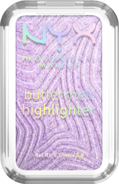 NYX Buttermelt rozświetlacz No 1 Butta. Fioletowy, iryzujący rozświetlacz w przezroczystym, prostokątnym opakowaniu.