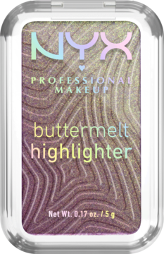 Rozświetlacz NYX Buttermelt Butta in Black, mieniąca się faktura fali w przezroczystej puderniczce, widok z przodu.