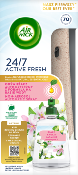 Air Wick 24/7 Active Fresh, wkład Białe Kwiaty Jaśminu przed beżowym automatycznym dyfuzorem. Widok z przodu.