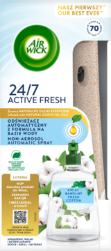 Air Wick Active Fresh automatyczny odświeżacz z formułą wodną. Widok na beżowy dozownik i wkład Kwiat Bawełny Fresh Cotton.