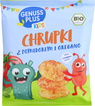 Front opakowania chrupek BIO Genuss Plus Kids z pomidorem i oregano. Niebieskie, z rysunkowymi potworami.